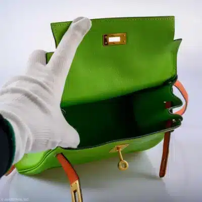 Hermès Mini Kelly 20 Retourne Vert Cru & Orange H Gulliver interior