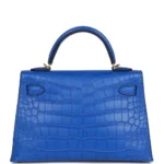 Hermès Rare Collectible Mini Kelly 20 II Sellier Blue Sapphire Shiny Porosus Crocodile Diamond Encrusted 18k White Gold Hardware