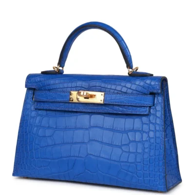 Hermès Rare Collectible Mini Kelly 20 II Sellier Blue Sapphire Shiny Porosus Crocodile Diamond Encrusted 18k White Gold Hardware