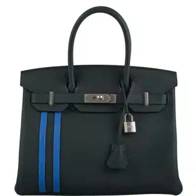 Hermès Rare Collectible 2018 Birkin 30 Vert Cyprès/Bleu Zellige Stripe Togo Lining & Swift Officier Palladium Hardware