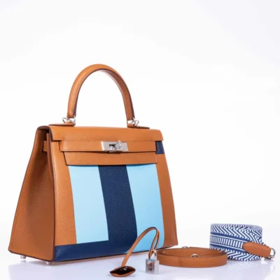 Hermès Rare Collectible 2018 Kelly 28 Sellier Gold/Celeste/Blue Epsom, Myore & Clemence Resort S Palladium Hardware