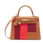 Hermès Rare Collectible 2019 Custom Kelly 28 Gold/Capucine/Rouge H Clémence, Epsom, & Chèvre Kellygraphie Letter P Gold Hardware