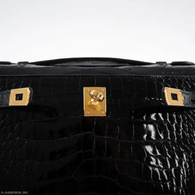 Hermès Rare Collectible 2019 Kelly Pochette Black Shiny Alligator Mississippiensis JPG Gold Hardware