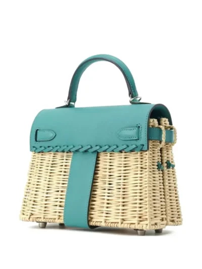 Hermès Rare Collectible 2020 Mini Kelly 20 Picnic Verone Wicker & Swift Satchel Palladium Hardware