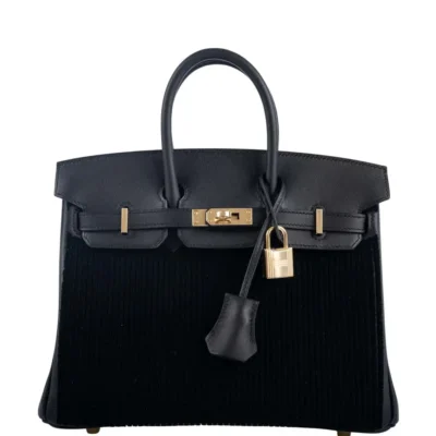 Hermès Rare Collectible Birkin 25 Black Swift Côte À Côte Tuffetage Permabrass Hardware