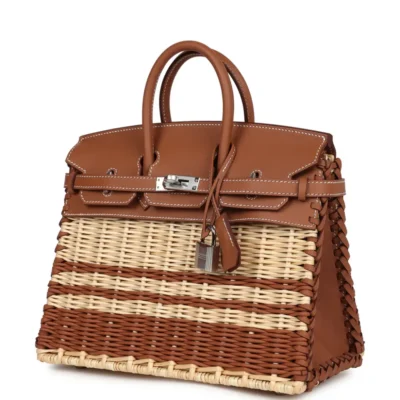 Hermès Rare Collectible Birkin 25 Gold Swift and Stripe Wicker Picnic Palladium Hardware