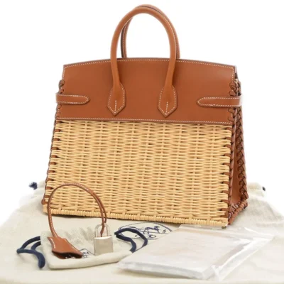 Hermès Rare Collectible Birkin 25 Picnic Rattan Barenia Silver Hardware