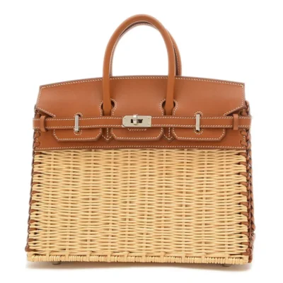 Hermès Rare Collectible Birkin 25 Picnic Rattan Barenia Silver Hardware