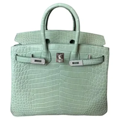 Hermès Rare Collectible Birkin 25 Retourne Vert D Eau Matte Moreletti Crocodile Diamond Encrusted 18k White Gold Hardware