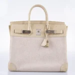 Hermès Rare Collectible Birkin 32 Parchemin Ostrich & Toile HAC Brushed Palladium Hardware