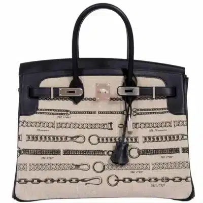 Hermès Rare Collectible Birkin 35 Black Veau Swift & Toile De Camp Dechainee Palladium Hardware