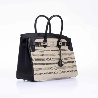 Hermès Rare Collectible Birkin 35 Black Veau Swift & Toile De Camp Dechainee Palladium Hardware