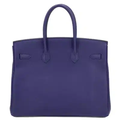 Hermès Rare Collectible Birkin 35 Blue Encre and Bordeaux Togo and Swift Officier Handbag Palladium Hardware