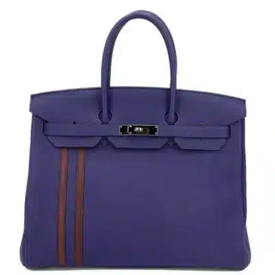 Hermès Rare Collectible Birkin 35 Blue Encre and Bordeaux Togo and Swift Officier Handbag Palladium Hardware