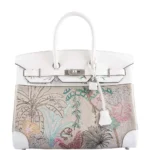 Hermès Rare Collectible Birkin 35 Faubourg Tropical White Embroidered Toile de Camp & Swift Palladium Hardware