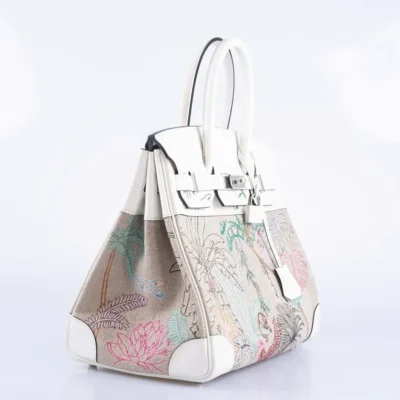 Hermès Rare Collectible Birkin 35 Faubourg Tropical White Embroidered Toile de Camp & Swift Palladium Hardware