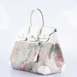 Hermès Rare Collectible Birkin 35 Faubourg Tropical White Embroidered Toile de Camp & Swift Palladium Hardware