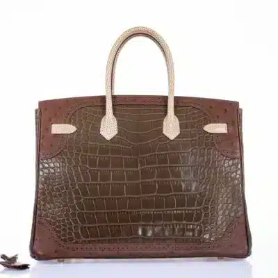 Hermès Rare Collectible Birkin 35 Gris Elephant/Etrusque/Ficelle Tri-Exotic Ghillies Grand Marriage Permabrass Hardware