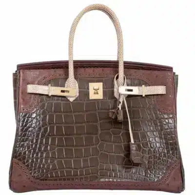 Hermès Rare Collectible Birkin 35 Gris Elephant/Etrusque/Ficelle Tri-Exotic Ghillies Grand Marriage Permabrass Hardware