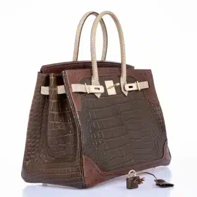 Hermès Rare Collectible Birkin 35 Gris Elephant/Etrusque/Ficelle Tri-Exotic Ghillies Grand Marriage Permabrass Hardware