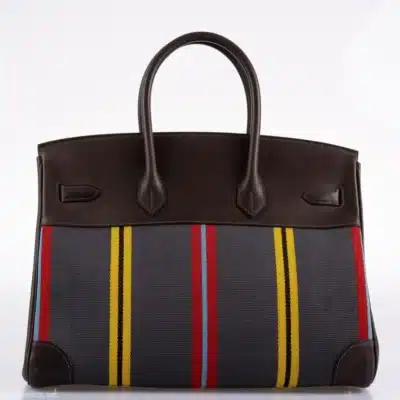 Hermès Rare Collectible Birkin 35 Jumping Multicolor Canvas & Ebene Box Calf Palladium Hardware