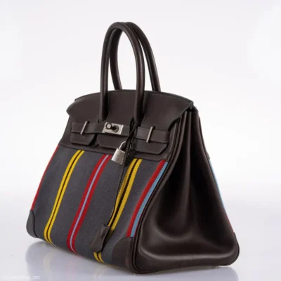 Hermès Rare Collectible Birkin 35 Jumping Multicolor Canvas & Ebene Box Calf Palladium Hardware