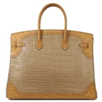 Hermès Rare Collectible Birkin 35 Poussiere/Sesame/Tabac Camel Matte Alligator Mississippiensis, Ostrich and Lizard Grand Marriage Ghillies Handbag Permabrass Hardware