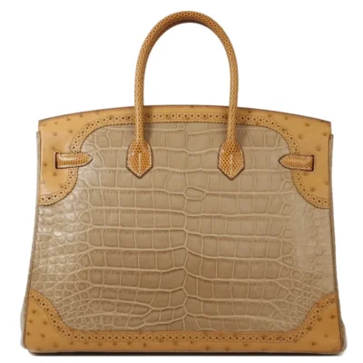 Hermès Rare Collectible Birkin 35 Poussiere/Sesame/Tabac Camel Matte Alligator Mississippiensis, Ostrich and Lizard Grand Marriage Ghillies Handbag Permabrass Hardware