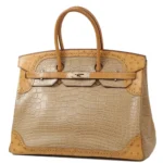 Hermès Rare Collectible Birkin 35 Poussiere/Sesame/Tabac Camel Matte Alligator Mississippiensis, Ostrich and Lizard Grand Marriage Ghillies Handbag Permabrass Hardware