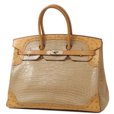 Hermès Rare Collectible Birkin 35 Poussiere/Sesame/Tabac Camel Matte Alligator Mississippiensis, Ostrich and Lizard Grand Marriage Ghillies Handbag Permabrass Hardware