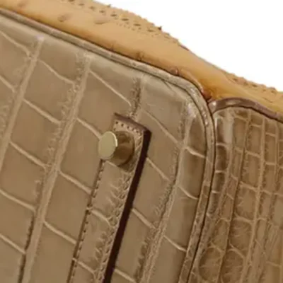 Hermès Rare Collectible Birkin 35 Poussiere/Sesame/Tabac Camel Matte Alligator Mississippiensis, Ostrich and Lizard Grand Marriage Ghillies Handbag Permabrass Hardware