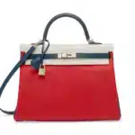 Hermès Rare Collectible Custom Kelly 35 Retourné White/Rouge Casaque/Bleu Marine Epsom Brushed Palladium Hardware