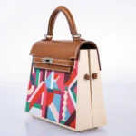 Hermès Rare Collectible Kelly 25 Multicolor Swift Kellywood Perspective Cavalière Palladium Hardware