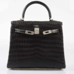 Hermès Rare Collectible Kelly 25 Retourne Graphite Matte Niloticus Crocodile Brushed Palladium Hardware