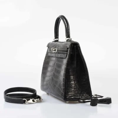 Hermès Rare Collectible Kelly 25 Retourne Graphite Matte Niloticus Crocodile Brushed Palladium Hardware