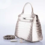 Hermès Rare Collectible Kelly 28 Himalayan Matte Niloticus Crocodile Diamond Encrusted 18k White Gold Hardware