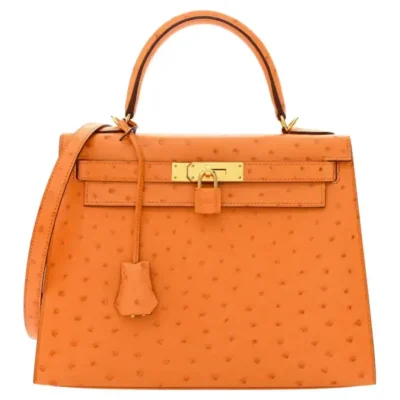 Hermès Rare Collectible Kelly 32 Orange Ostrich HAC Haut À Courroies Palladium Hardware