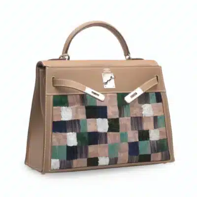 Hermès Rare Collectible Kelly 32 Sellier Multicolor Étoupe Feather Embroidery & Swift Mosaïque Palladium Hardware Replica Quality