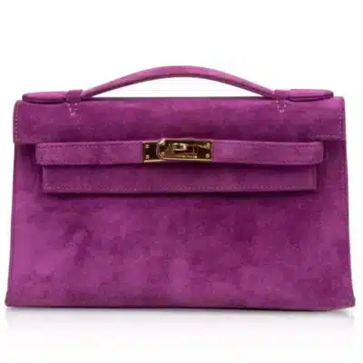 Hermès Rare Collectible Kelly Pochette Violet Purple Doblis Suede Gold Hardware