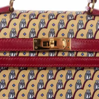 Hermès Rare Collectible Mini Kelly 20 Rouge Vif Box Calf & Owl Print Silk Gold Hardware