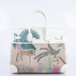 Hermès Rare Collectible Birkin 35 Faubourg Tropical White Embroidered Toile de Camp & Swift Palladium Hardware