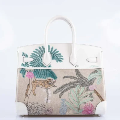 Hermès Rare Collectible Birkin 35 Faubourg Tropical White Embroidered Toile de Camp & Swift Palladium Hardware