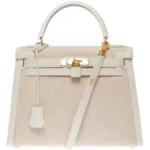 Hermès Kelly 28 HSS Sellier Beige/White Canvas & Epsom Gold Hardware