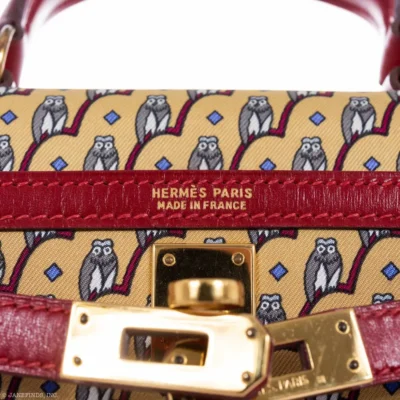 Hermès Rare Collectible Mini Kelly 20 Rouge Vif Box Calf & Owl Print Silk Gold Hardware